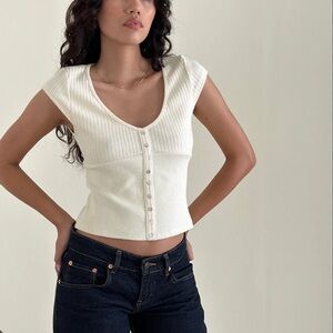 Motel Rocks Cream Ribbed V-Neck Button-Front Top